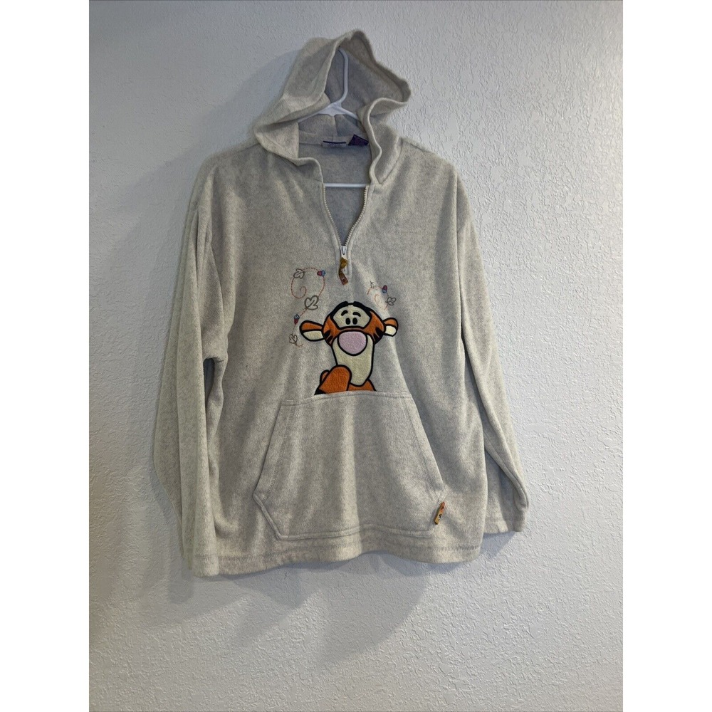 Vintage Disney Fleece Sweatshirt 3/4 Zip Pullover Hood Women Tigger Large